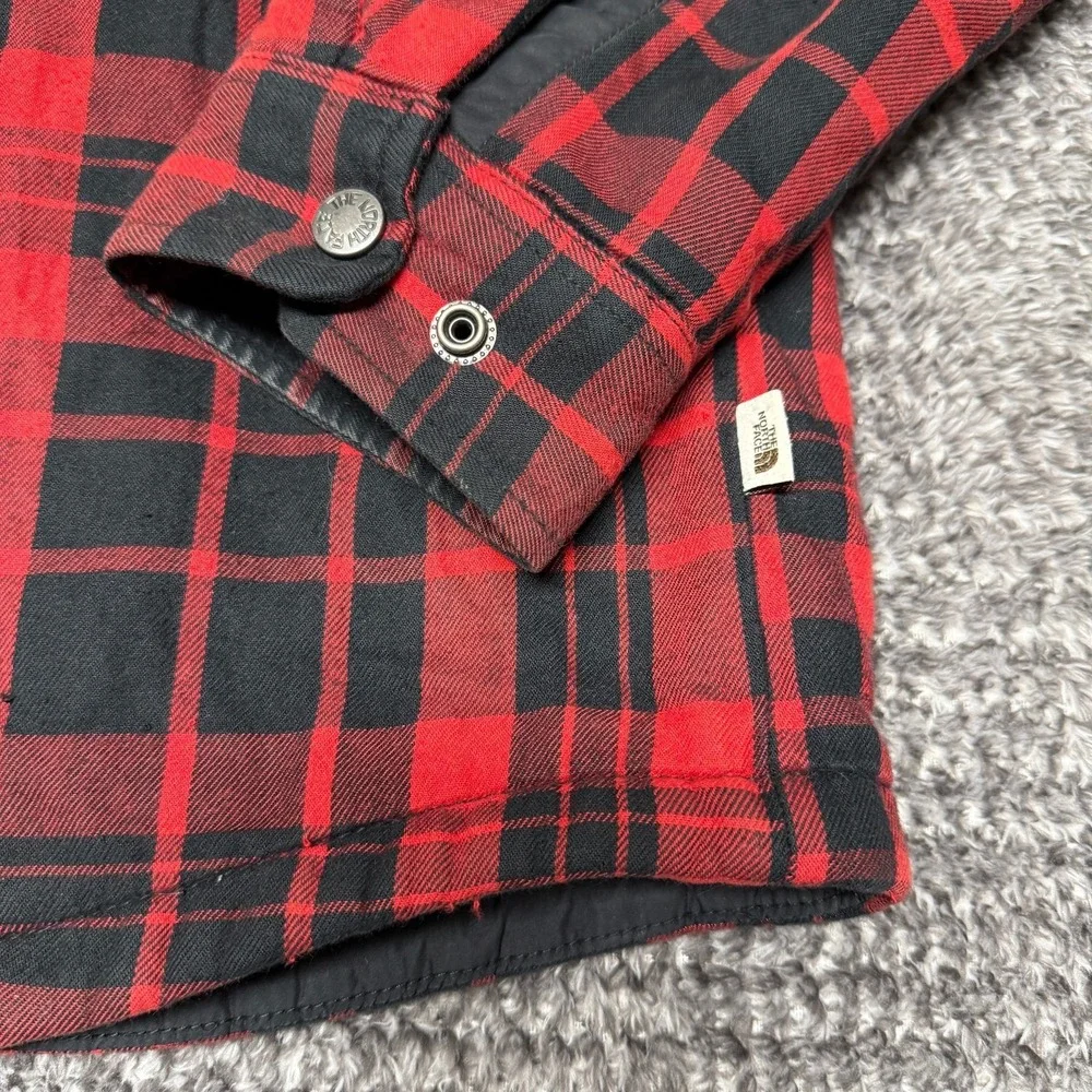 The North Face Mens M Red Black Plaid Flannel‎ Shirt Jacket Sherpa Lined Snap